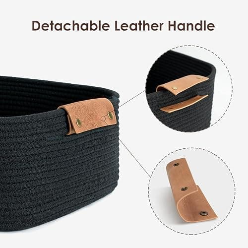 Cherrynow Square Cotton Rope Basket with Handles for Books, Magazines, Toys, Decorative Rectangle Woven Storage Basket for Baby Nursery, Living Room, Bathroom, Black thumbnail 4