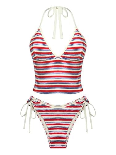 Rosegalette Women's Contrast Textured Floral Bowknot Plunging V Neck Cheeky Tankini 2026 Swimsuit Set thumbnail 7