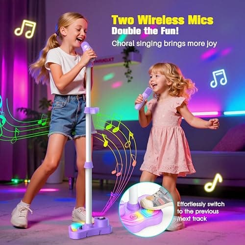 Stand Karaoke Machine for Kids, Singing Toys Gifts for 3 4 5 6 7 8 Year Old Girls Boys, Rechargeable Kid Microphone Bluetooth Speaker with 2 Wireless Mic for Girl Age 4-6 Toddler Birthday Party Toy thumbnail 3