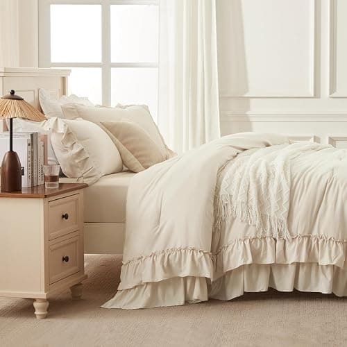 Andency Beige Full Size Comforter Set, 3 Pieces Farmhouse Shabby Chic Ruffle Comforter Set, Soft Lightweight Fluffy All Season Microfiber Bedding Comforter Set for Kids, Girls, Women thumbnail 5