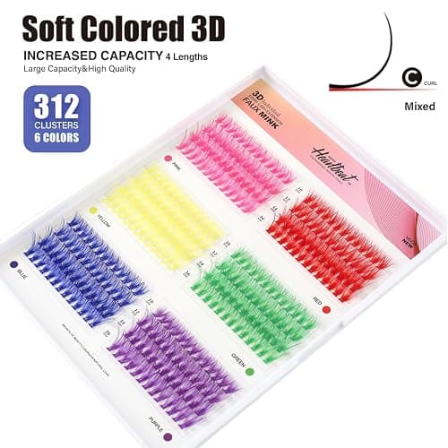 Happy Heartbeat 3D Colored Lash Clusters C Curl 312Pcs 6 Colors 10mm 12mm 14mm 16mm Mixed Faux Mink Lashes DIY Individual Lashes 40D Colorful Fluffy Eyelash Extension(40D-10-16,6 Colors-C Curl) thumbnail 4