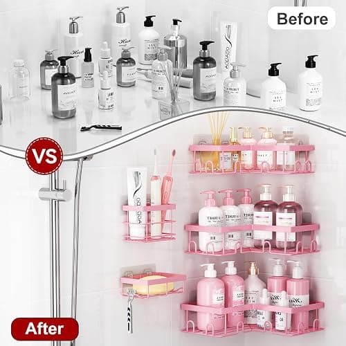 Liuoud Corner Shower Caddy 5 Pack, Rustproof Stainless Steel Shower Organizer with Soap Rack Toothbrush Holder, Large Capacity Adhesive No Drilling Bathroom Kitchen&Home Decor Set, Pink thumbnail 9