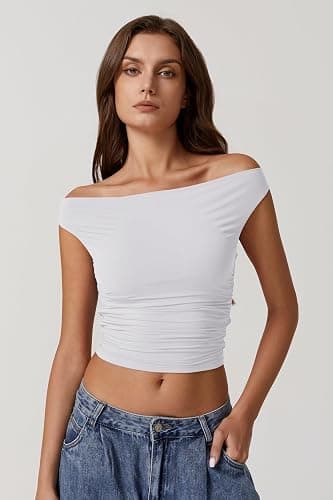 QINSEN Women's Cowl Neck Top Sleeveless Ruched Double Lined Crop Top Y2k T Shirts thumbnail 4