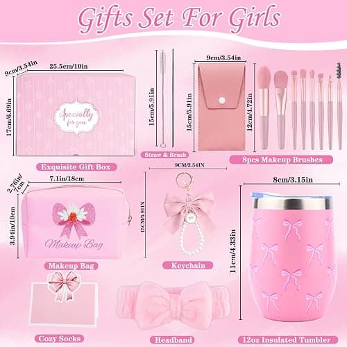Gifts for Girls 7 8 9 10 11 12 13 14 15 Year Old, Birthday Gifts Presents for Teenage Girls Age 6-16, Insulated Tumbler with Lid and Straw, Makeup Brushes Cosmetic Bag Headband Keychain,Bow Coffee Cup thumbnail 2