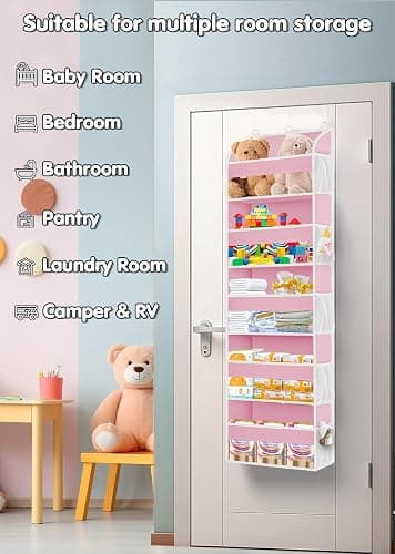 TAHAVICE Pink Over the Door Organizer - 5-Tier Hanging Storage with Clear PVC Windows & 10 Mesh Pockets, Cute Closet Organizer for Makeup, Perfume, Toys, Perfect Pink Room Decor for Girl thumbnail 5