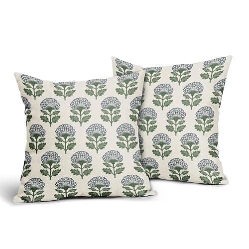 Aytipun Blue Green Floral Block Print Pillow Covers 18x18 Set of 2 Flower Pattern Cream Spring Summer Decorative Throw Pillowcases Outdoor Rustic Farmhouse Cushion Cases Decor for Home Couch Sofa Bed thumbnail 4