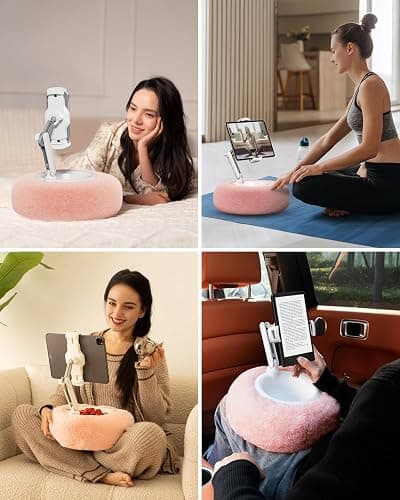 Viozon Tablet Stand Pillow, Compatible with 4.7"-13" Phone/Tablet, iPad, iPhone, Samsung, Google, Kindle, 360°Adjustable Phone Holder for Bed with Soft Plush Fabric, and Detachable Bowl, Pink thumbnail 2