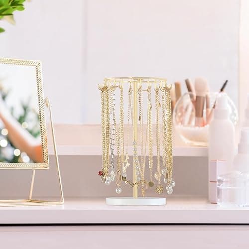 Mkono Necklace Holder Metal Jewelry Display Stand Necklace Organizer with 22 Hooks for Storage and Hanging Bracelet Keychain Home Room Decor for Women,Gold thumbnail 5