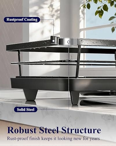 Kitsure Dish Drying Rack for Kitchen Counter, Stainless Steel Sink Organization and Storage Essentials with Cutlery Holder, Home and Appartment Decor, 12''W x 15.5''L, Black thumbnail 6