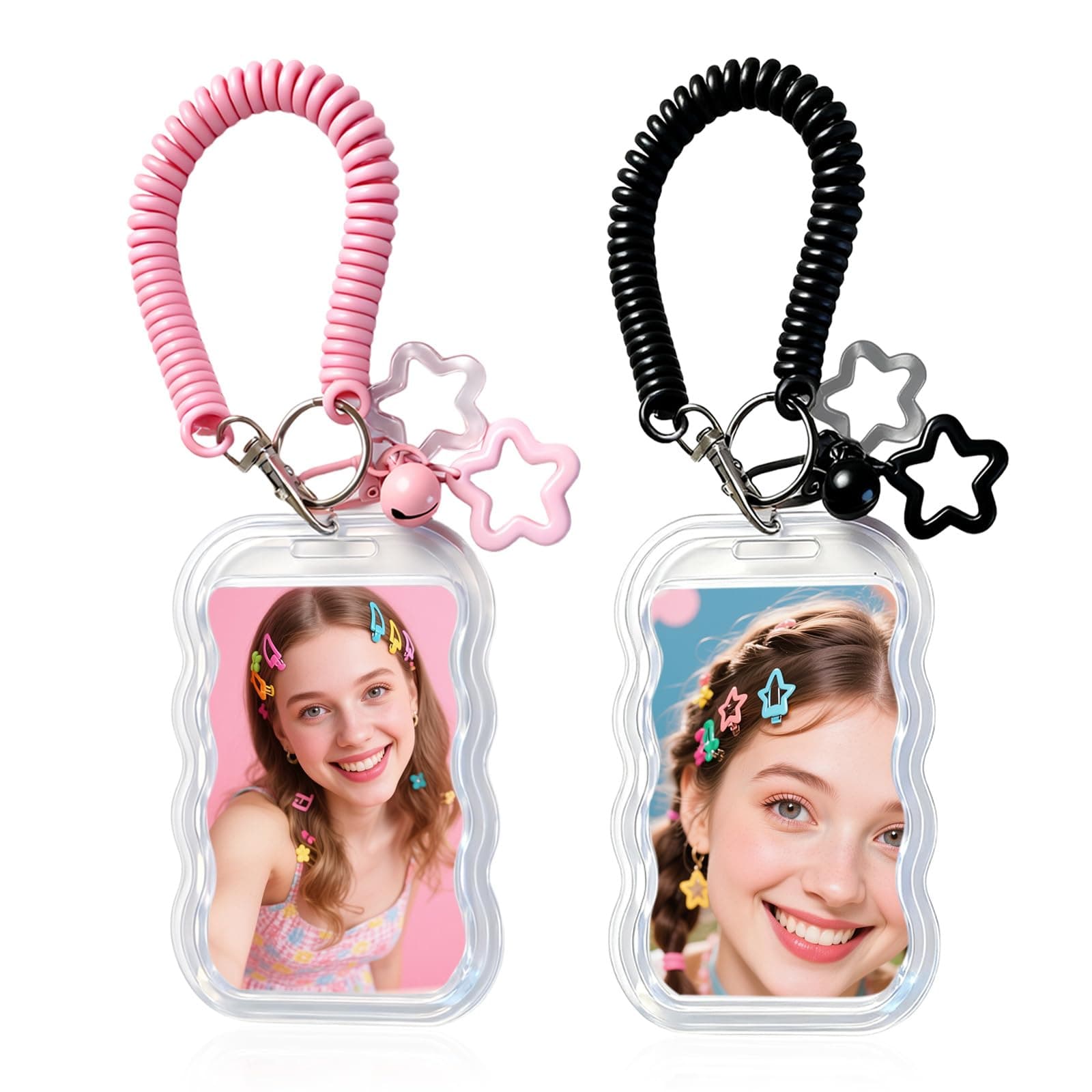 2 Pack Cute Photocard Holder Keychain Kpop Photo Card Holder, Transparent PC Holder with Star Wave Design for Bus Student Card, Creative Photo Protector Keychain thumbnail 2
