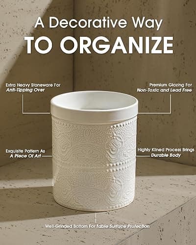 FUN ELEMENTS Kitchen Utensil Holder, 7.2" Super Large Utensil Crock Heavy and Stable Lace Emboss Ceramic Utensil Holder for Kitchen Counter (Bright White) thumbnail 5