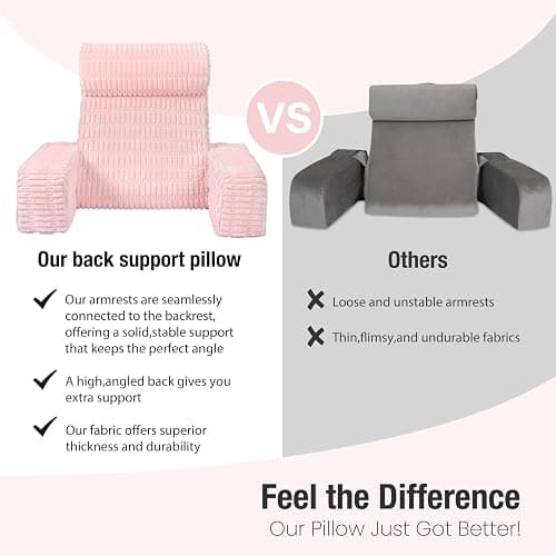 Selectico Reading Pillow for Bed Sitting Up with Large Pockets,Modern Style | 19" Supportive Backrest Cushion for Reading,Nursing,Resting,or Reclining,Stable Armrests & Washable Cover – Pink thumbnail 4