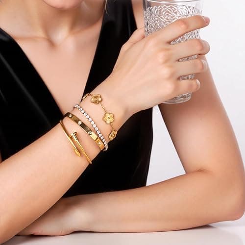 18K Gold Plated Nail love Bangle Bracelet Set for Women Stackable Gold Clover Adjustable tennis bracelet Trendy Gift Jewelry for Mother's Day Anniversary thumbnail 2
