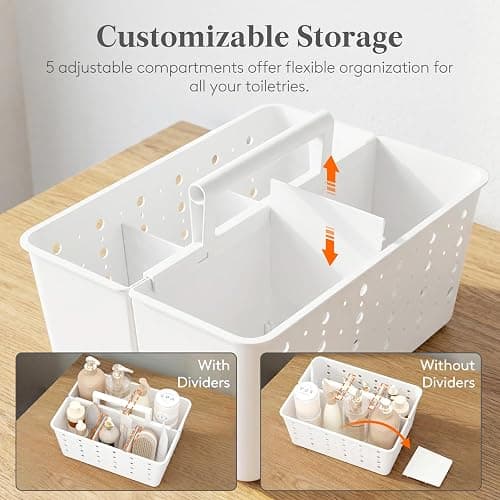 Lifewit Shower Caddy Portable, Caddy Organizer with Handle and Adjustable Dividers, Plastic Shower Basket for Dorm Room Essentials, College, Bathroom, White, 1 Pack thumbnail 4