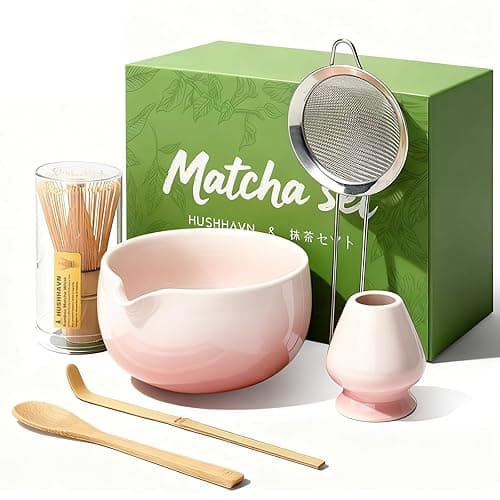 HUSHHAVN Matcha Whisk Set, Ceramic Matcha Set Includes Bowl & Holder, Bamboo Whisk (Chasen), Scoop, Spoon and Sifter, 6PCS Matcha Kit Covers Everything Needed for Making Matcha (Pink) - Image 1
