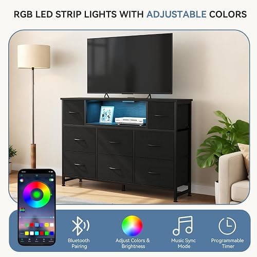DUMOS TV Stand Dresser with 8 Fabric Drawers and Open Shelves, LED Entertainment Center with Charging Station, Wood Top Media Console for 45-55 inch TV Stand, Bedroom, Black thumbnail 4