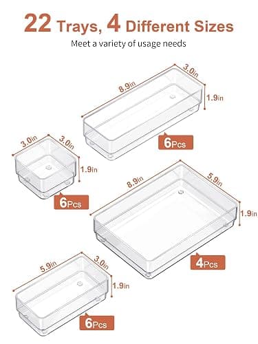 SMARTAKE 22-Piece Drawer Organizer with Non-Slip Silicone Pads, 4-Size Clear Desk Drawer Organizer Trays Storage Tray for Makeup, Jewelries, Utensils in Bedroom Dresser, Office and Kitchen, Clear thumbnail 3