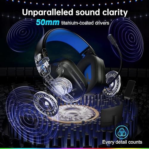 Fachixy FC300 Wireless Gaming Headset with Mic - Bluetooth and 2.4GHz USB Gaming Headphones with 50Hr Battery & 3D Stereo Sound - For PS5, PS4,PC, Switch, Mobile, Blue thumbnail 2
