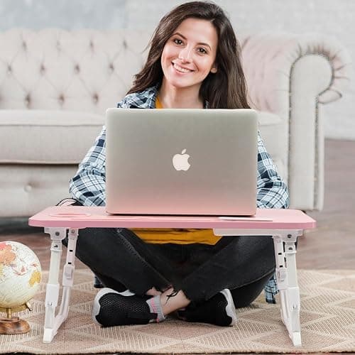 DECOSIS Bed Desk Height Adjustable, Bed Laptop Table with USB/Storage Drawer/Cup Holder/Tablet Stand/Book Shelf, Foldable Breakfast Tray Portable for Reading Writing, Bed, Sofa & Floor, Wood, Pink thumbnail 2