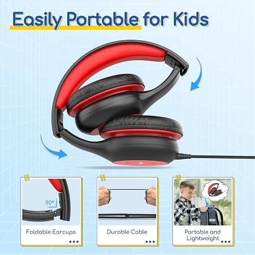 EarFun Kids Headphones Wired with Microphone, 85/94dB Volume Limit Headphones for Kids, Portable Wired Headphone with Shareport, Stereo Sound Foldable Headset for School/Tablet/iPad/Kindle, Black Red thumbnail 8