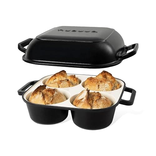 QuadPro Enamelled Cast Iron Bread Loaf Pot – Dutch Oven for Sourdough Bread Baking – 500°F Oven Safe Non Stick Bread Pot – 4 Round Loaf Spaces (4.90-inch Diameter), Black – by Nuovva - Image 1