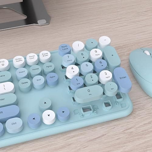 UBOTIE Colorful Wireless Keyboard and Mouse Combo (Blue-Colorful) | Retro Typewriter Floating Full-Sized Keys Computer Keyboard with Optical Mouse, 2.4GHz USB Connection for Windows Mac thumbnail 5