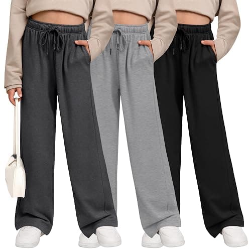 LessonZoo 3 Pack Girls' Sweatpants Wide Leg Drawstring Casual Kids Joggers Open Bottom Loose Solid Teen Pants with Pockets - Image 1