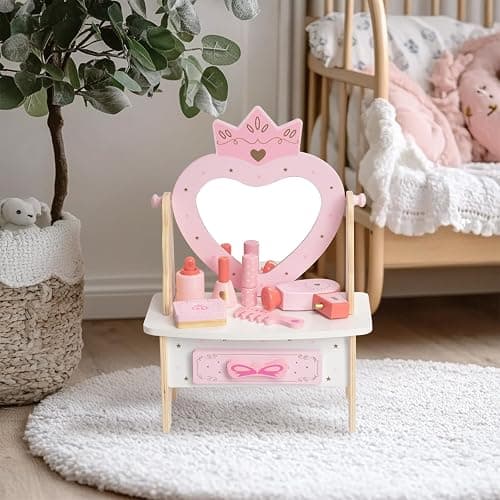Wooden Vanity Set for Kids, Pretend Play Toddler Makeup Vanity Table Toys with 360° Rotatable Mirror, Beauty Salon Set Includes Makeup Accessories, Little Girls Gift Age 3+ (Pink) thumbnail 6