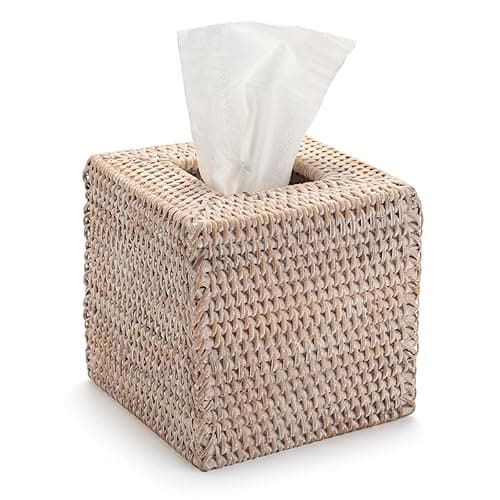 Rattan Tissue Box Cover Natural Woven Facial Napkin Holder Square (White, 5.5x5.5x5.9 Inch) - White