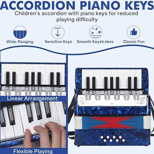AKLOT 17 Key Piano Accordion, Lightweight Kids Accordion, Celluloid Accordions Brighter and Pure Tone than Plastic, Durable Metal Cover with Straps, Manual for Children, Beginners Acordeón (Blue) thumbnail 2