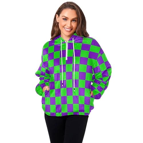 UMIRIKO Purple and Green Buffalo Checkered Womens Sweatshirts Fuzzy Fleece Hoodies Fluffy Coat Zipper Pullover with Pockets S thumbnail 5