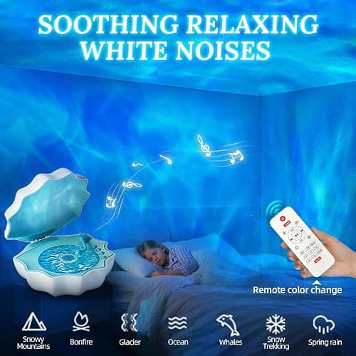 Ocean Wave Projector Light, Shell Night Light Built-in Bluetooth Speaker, Remote Control, White Noises for Home Decor/Relaxation/Party/Music/Gift (Blue) thumbnail 4