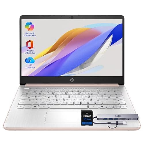 HP New Gen 14" Laptop · MS Office · 128GB · 512GB SD Card · 4GB RAM · HD Display · 12-Hour Battery · WiFi · Bluetooth · Windows 11 · Rose Gold - Image 1