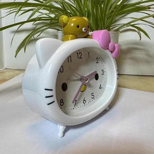 Fuxizest Cute Cat Alarm Clock, Kawaii Alarm Clock，Cartoon Cat Clock，Cute Clock，White with Pink Bow, Yellow Bear Topper, Kids Room Decor (White with Little Bear) thumbnail 5