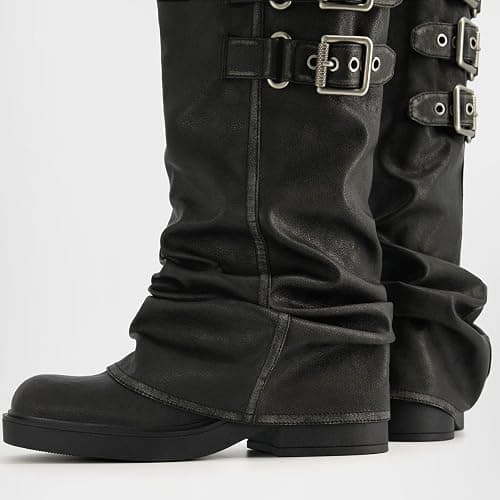 ClassicSter Fold Over Knee High Boots Slouch Boots for Women Chunky Goth Platform Boots,2 inch Heel Wide Calf Long Boots Square Toe Riding Boots thumbnail 3