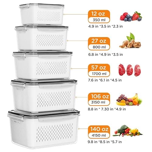 5-Pack Fruit Storage Containers for Fridge with Removable Colanders, 4 in 1 Produce Storage Containers with Lids, Leakproof Fridge Organizer Bins for Salad Berry Lettuce Vegetables Meat Keeper Fresh thumbnail 5