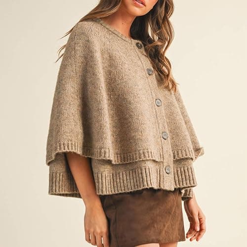 HOULENGS Women's Round Neck Shawl Cardigan Sweater Casual Button Down Cropped Knit Cape Coat Fall Trendy Sweater Jacket thumbnail 3