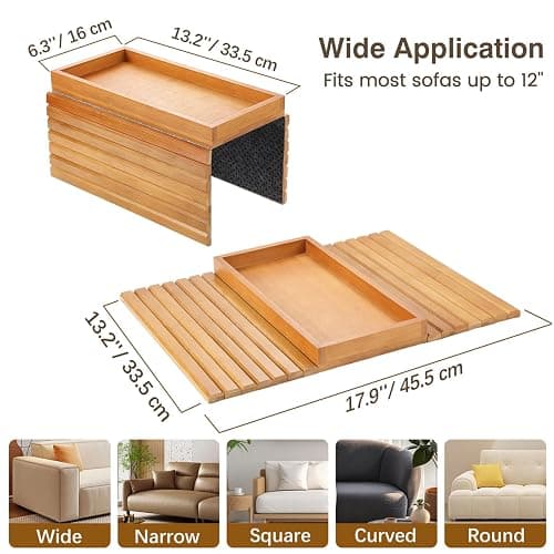 Kssiaz Couch Arm Tray, Bamboo Sofa Tray Table for Couch, Sofa Armrest Table, Anti-Slip Armrest Organizer, Foldable Couch Cup Holder for Snacks, Phone, Control, Cups, Light Brown thumbnail 2