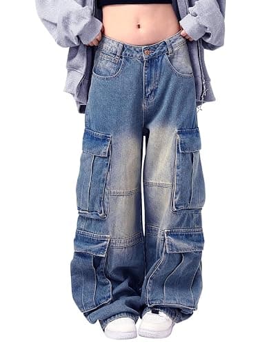 Lafaguw Women's Cargo Pants Low Waist Baggy Jeans Pocket Wide Leg Casual Trendy Streetwear Grunge Emo Clothes - Image 1