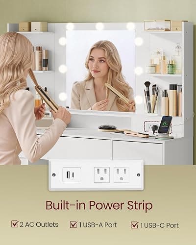VASAGLE Kailyn Collection - Vanity Desk with Mirror and 9 LED Bulbs, Vanity Makeup Table with Power Outlets, Dressing Table with 9 Drawers, for Bedroom, Cloud White URDT141WB01S thumbnail 6