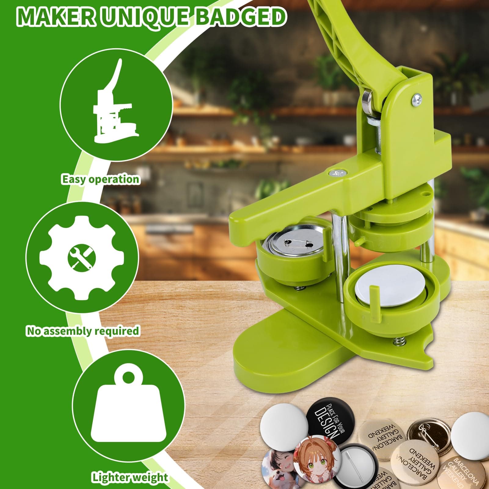 Button Badge Press Machine, Button Machine, with 100 Buttons/Picture and Circle Cutter for Characters for People, Kids DIY Gift Pin Maker (Green, 32mm) thumbnail 7