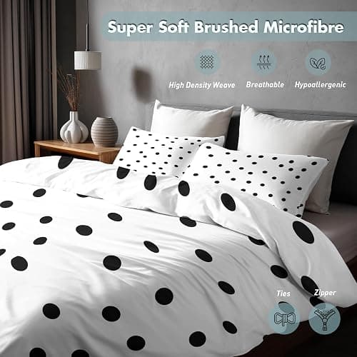 Polka Dot Duvet Cover Queen Size, Modern Black and White Reversible Design Bedding Set 3 Piece, Polka Dot Bedroom Decor & Gift, Soft Microfiber, 2 Pillow Shams, Zipper Ties(BU37) thumbnail 5