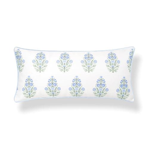 Hofdeco Premium Coastal Grandmillennial Patio Indoor Outdoor Lumbar Pillow Cover Only, 12"x26" Water Repellent for Backyard, Couch, Poolside, Baby Blue Print Flower - Image 1