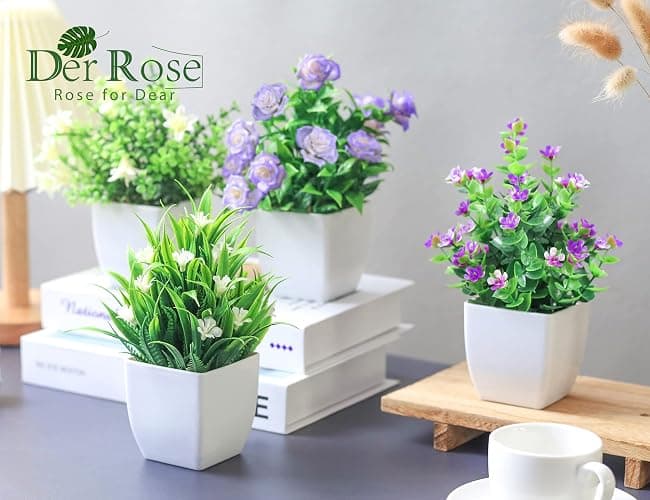 Der Rose 4 Pack Small Fake Plants Mini Artificial Faux Plants Indoor with Flowers Spring Decorations for Home Room Farmhouse Desk House Bathroom Decor thumbnail 4