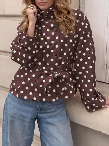 Tankaneo Womens Polka Dot Cropped Trench Coats Trendy Casual Short Jackets | Vintage, Street, Travel, Brunch, City Walk, Coffee, Weekend, Fall, Spring, Lightweight, Waist Belt, Oversized thumbnail 4