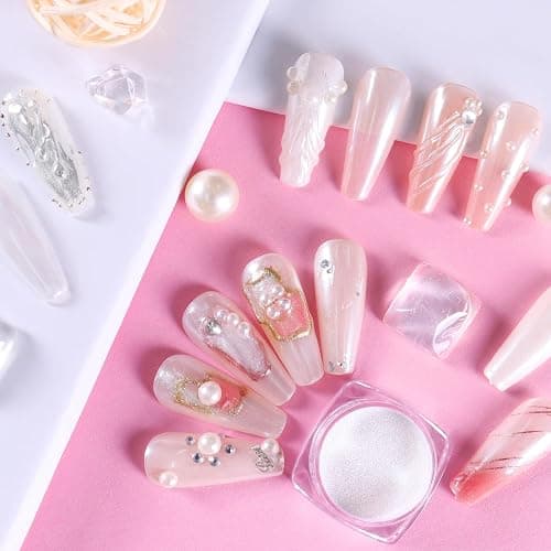 Allstarry White Pearl Chrome Nail Powder, Iridescent Aurora Powder Metallic Mirror Effect Glitter Powder Pearlescent Ice Transparent Mermaid Pigment Pearl Glitter Dust Kit for Nail Art Decoration thumbnail 2
