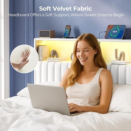 Rolanstar Headboard for Twin Size Bed with Storage, Head Board with USB & Type C Port, 60,000 DIY Color of LED Light, Velvet Upholstered, Height Adjustable, Sturdy, Easy Assembly, White thumbnail 4