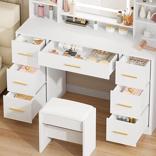 ANWBROAD Vanity Desk Table with Lighted Mirror 39.4“ Girls Makeup Vanity with Power Outlet 3 Colors Lighting Adjustable Brightness Vanity Table for Women Bedroom Dressing Room White UBDT65W thumbnail 5