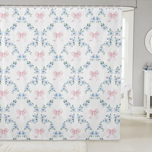 Erosebridal Pink Kawaii Ribbon Bow 72" Wx72 L Shower Curtain for Kids Girls Teen Adults,Blue Flowers Plaid Bowknot Bath Curtain Cute Girly Bow Bathroom Curtains Plant Floral Leaves Bathtub Curtains - Image 1