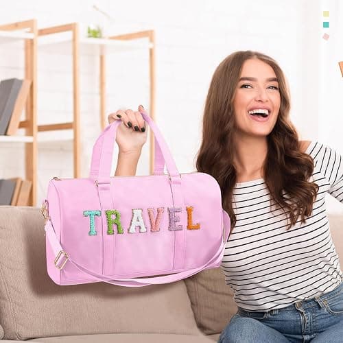 Shinylin 2 Pcs Preppy Chenille Letter Duffle Bag and Makeup Pouch, Travel Tote Bag Cosmetic Zipper Patch Makeup Bag (Pink) - Pink thumbnail 2